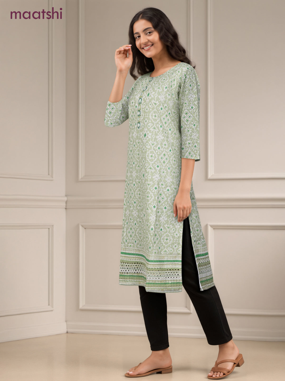 Cotton readymade kurti pista green and off white with allover geometric prints & embroidery work without pant