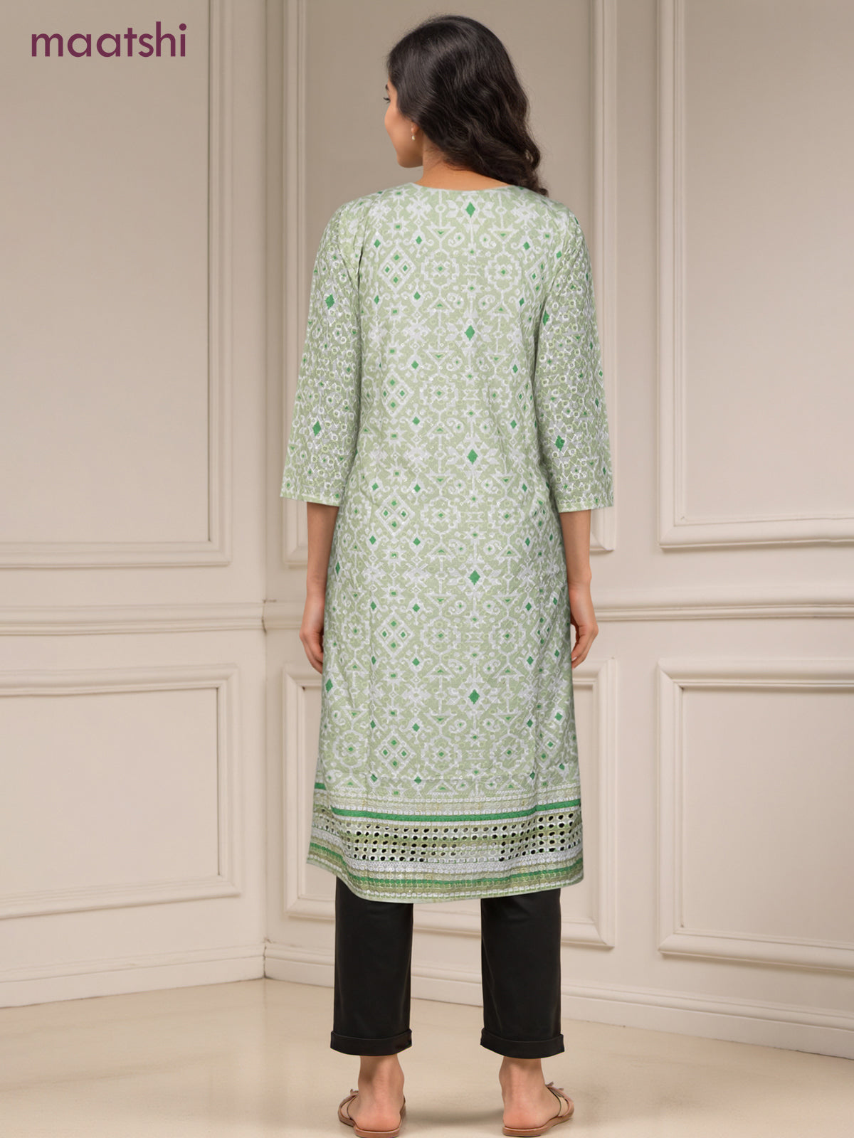 Cotton readymade kurti pista green and off white with allover geometric prints & embroidery work without pant