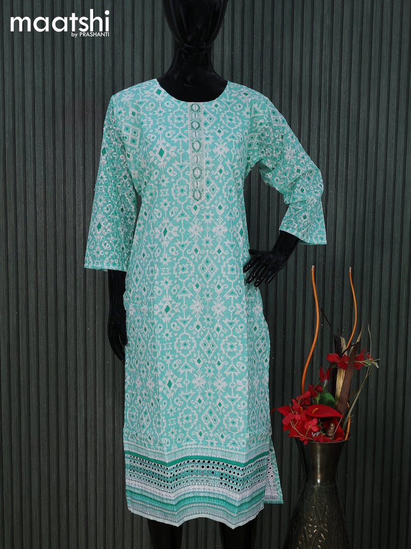 Cotton readymade kurti teal blue and off white with allover geometric prints & embroidery work without pant