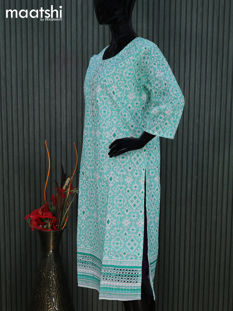 Cotton readymade kurti teal blue and off white with allover geometric prints & embroidery work without pant