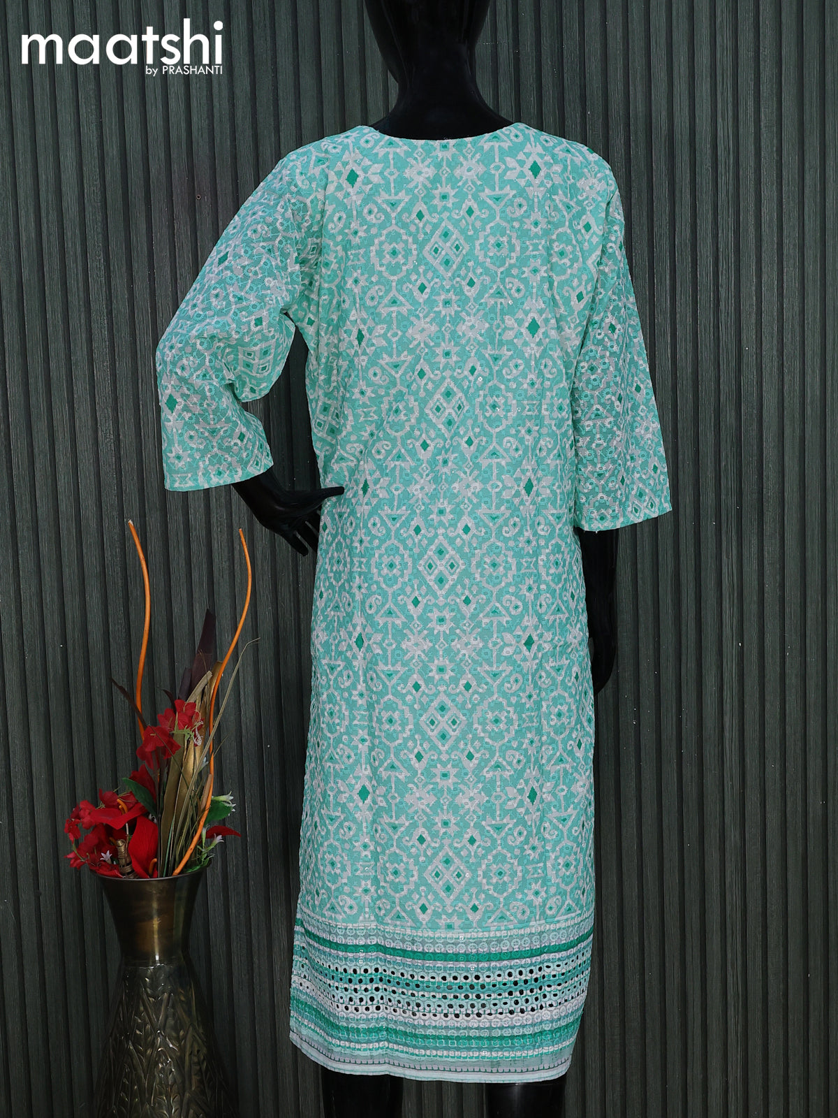 Cotton readymade kurti teal blue and off white with allover geometric prints & embroidery work without pant