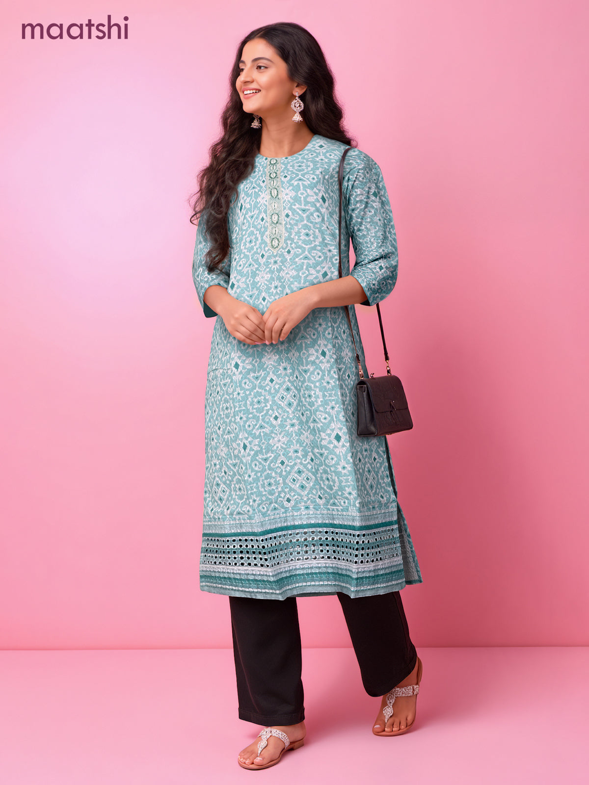 Cotton readymade kurti teal blue and off white with allover geometric prints & embroidery work without pant