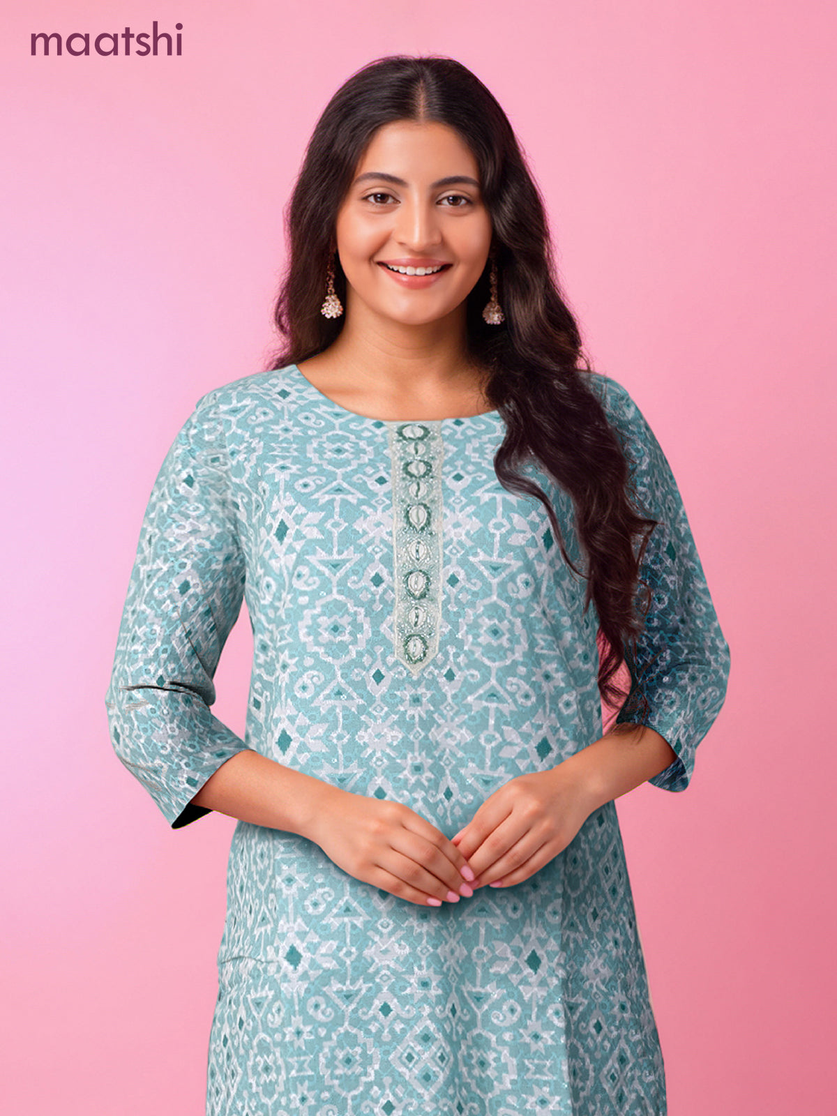 Cotton readymade kurti teal blue and off white with allover geometric prints & embroidery work without pant
