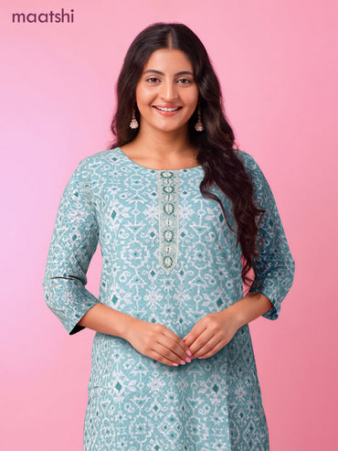 Cotton readymade kurti teal blue and off white with allover geometric prints & embroidery work without pant