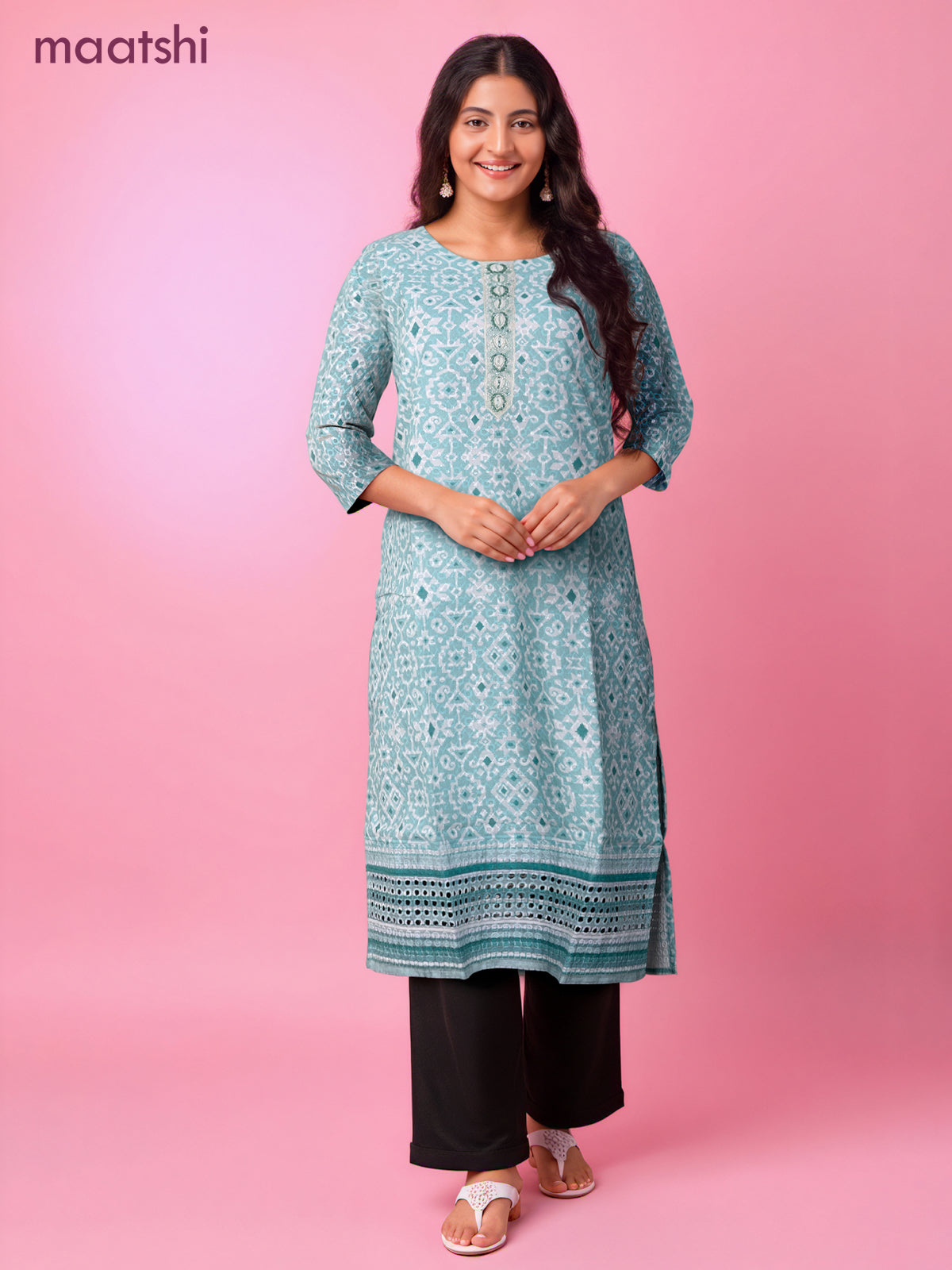 Cotton readymade kurti teal blue and off white with allover geometric prints & embroidery work without pant