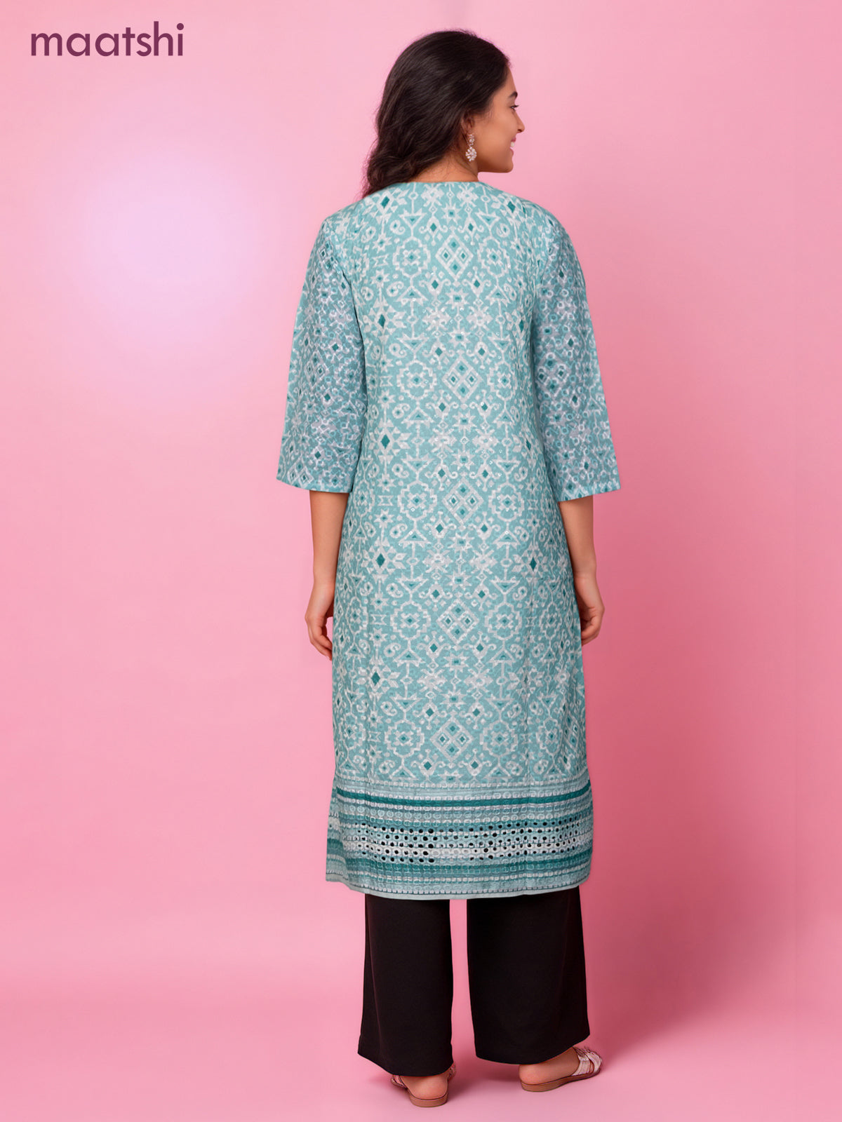 Cotton readymade kurti teal blue and off white with allover geometric prints & embroidery work without pant