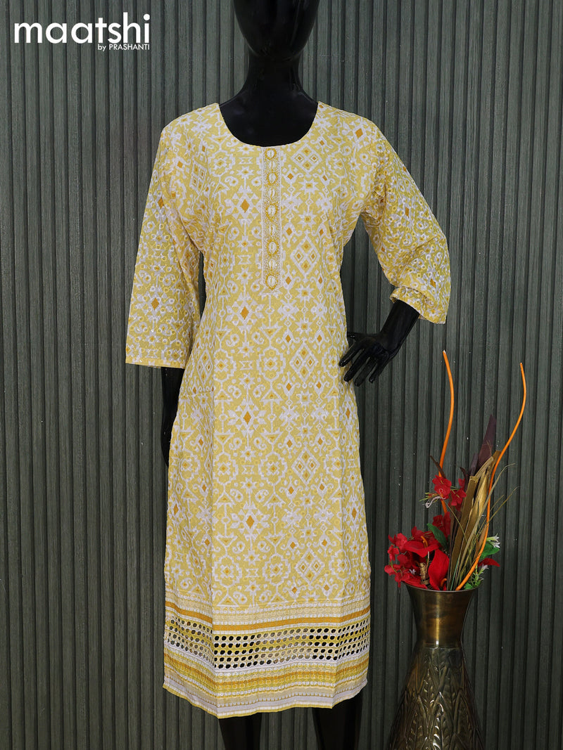 Cotton readymade kurti yellow and off white with allover geometric prints & embroidery work without pant