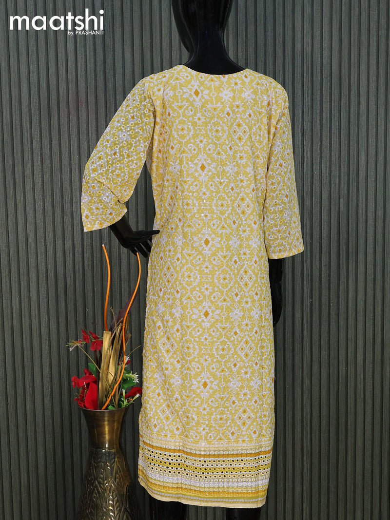 Cotton readymade kurti yellow and off white with allover geometric prints & embroidery work without pant