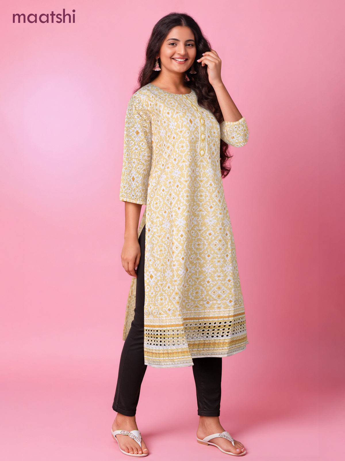 Cotton readymade kurti yellow and off white with allover geometric prints & embroidery work without pant