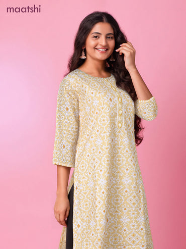 Cotton readymade kurti yellow and off white with allover geometric prints & embroidery work without pant