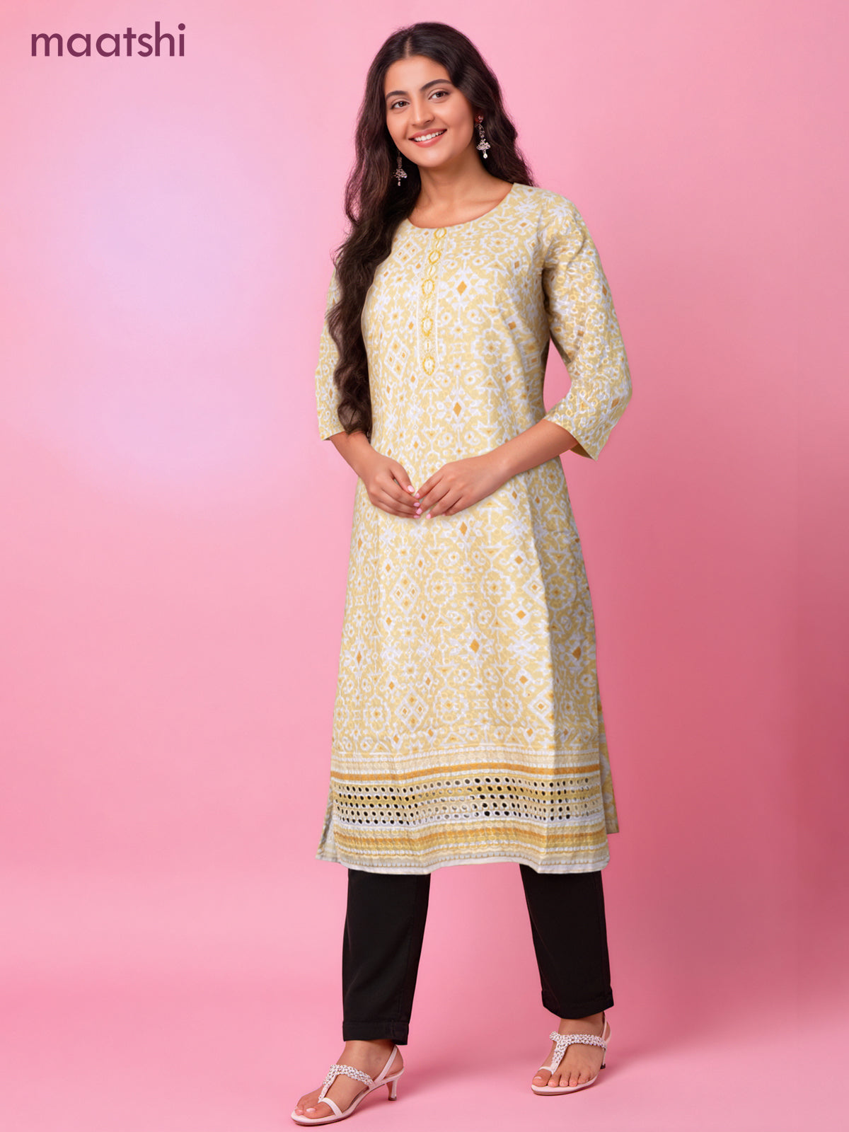 Cotton readymade kurti yellow and off white with allover geometric prints & embroidery work without pant
