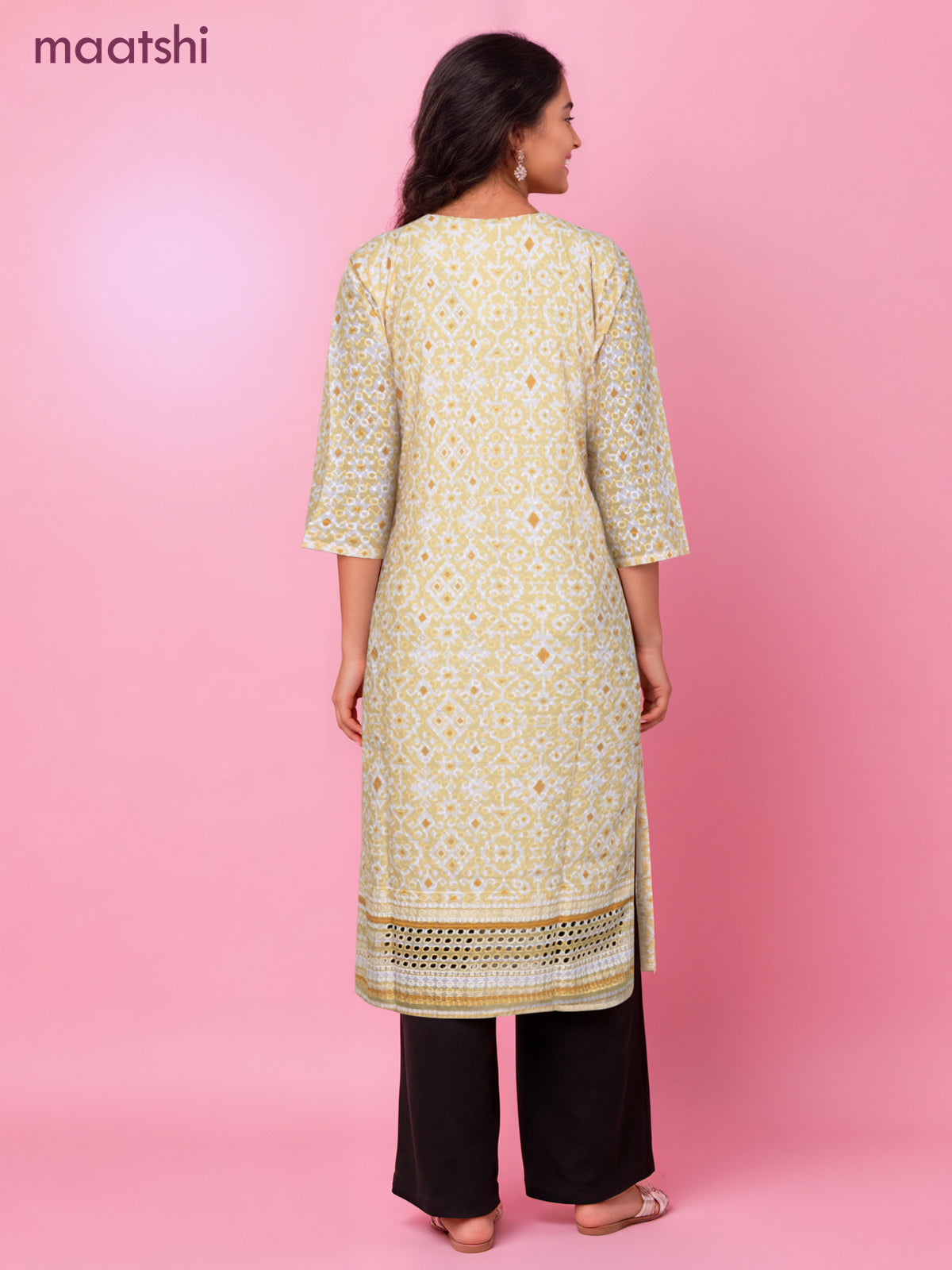 Cotton readymade kurti yellow and off white with allover geometric prints & embroidery work without pant