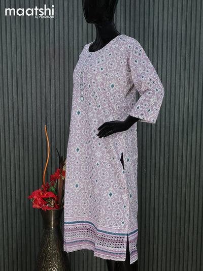 Cotton readymade kurti pastel purple and off white with allover geometric prints & embroidery work without pant