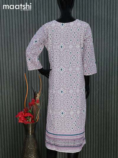 Cotton readymade kurti pastel purple and off white with allover geometric prints & embroidery work without pant