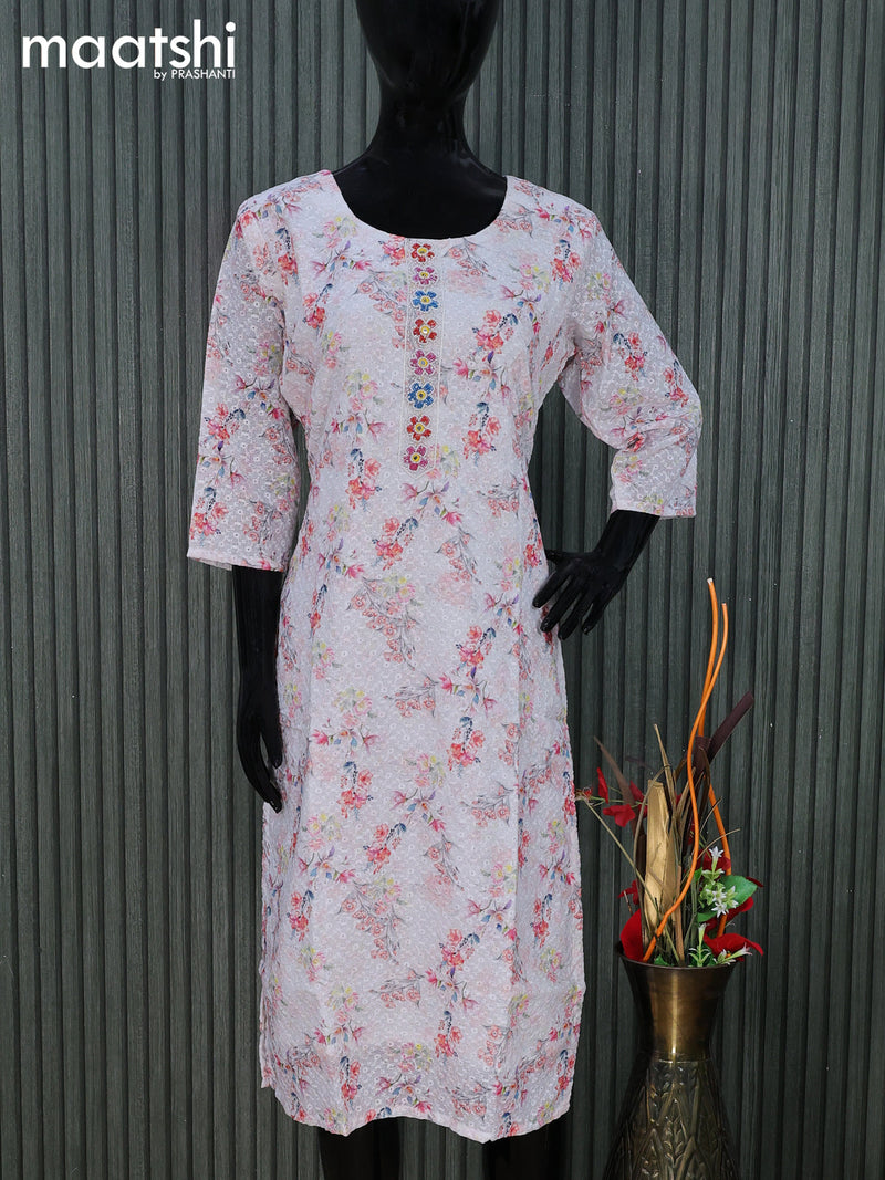 Cotton readymade kurti off white with allover floral prints & embroidery work without pant