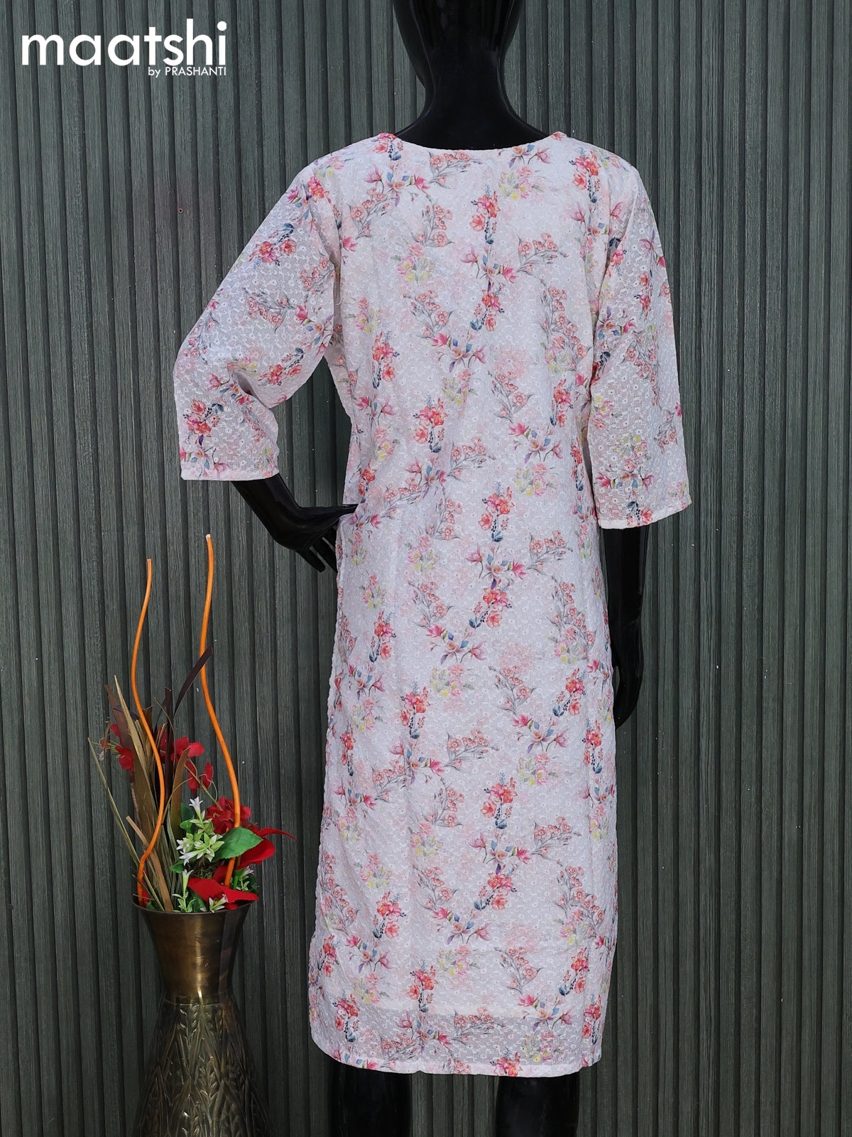 Cotton readymade kurti off white with allover floral prints & embroidery work without pant