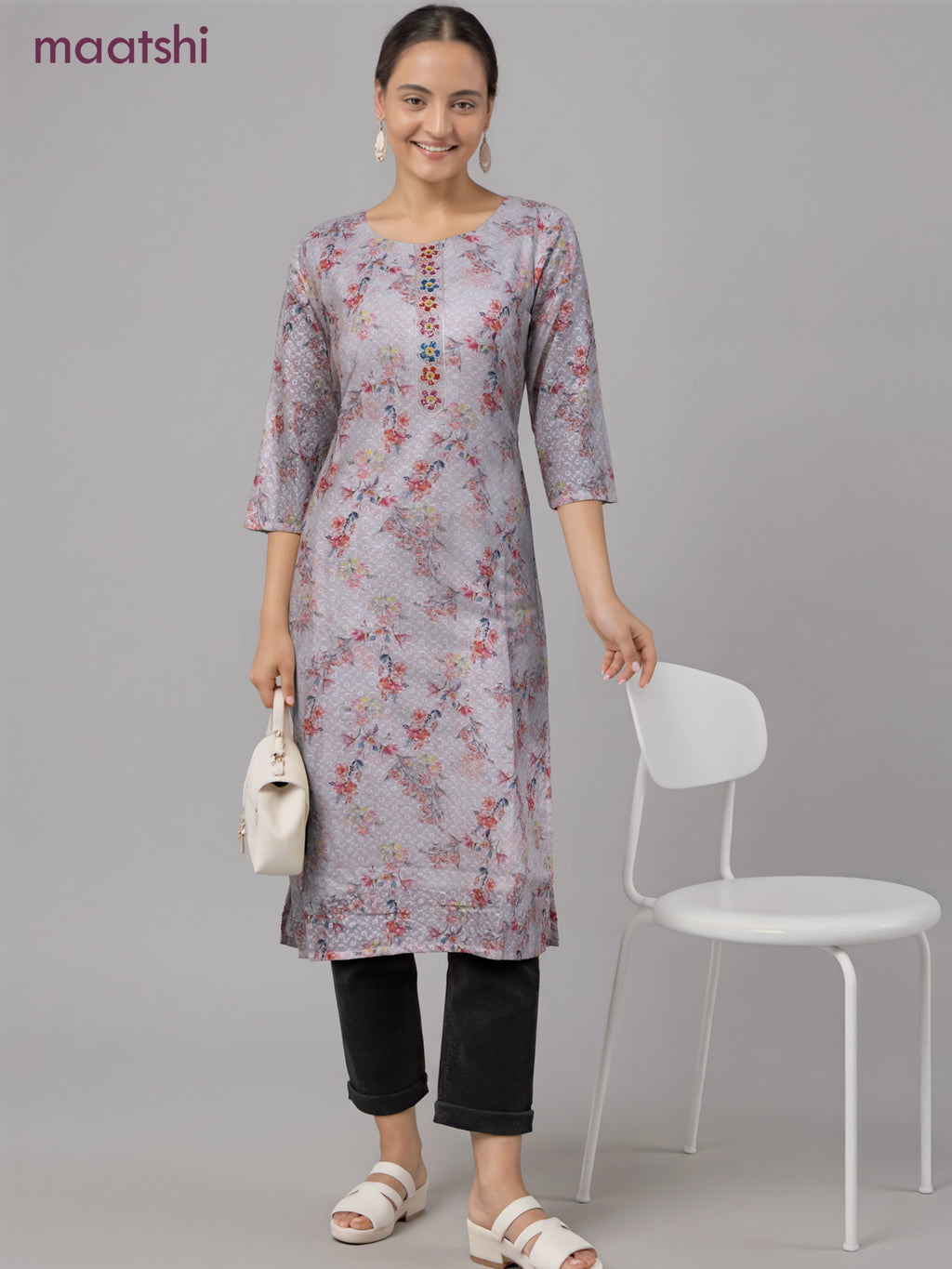 Cotton readymade kurti off white with allover floral prints & embroidery work without pant