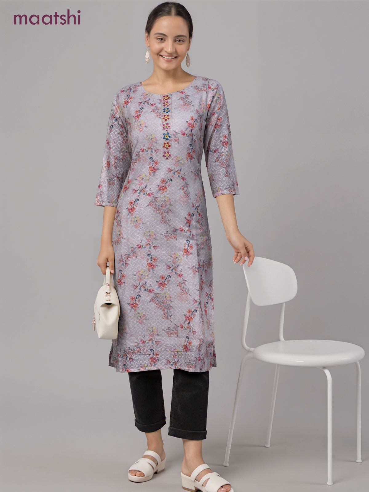 Cotton readymade kurti off white with allover floral prints & embroidery work without pant