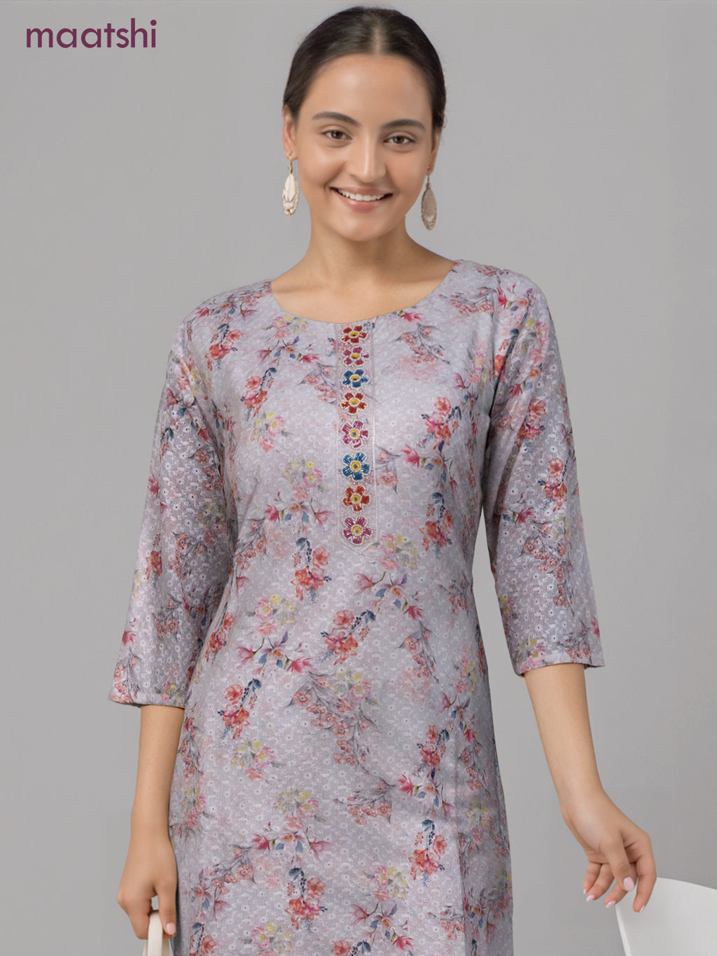 Cotton readymade kurti off white with allover floral prints & embroidery work without pant