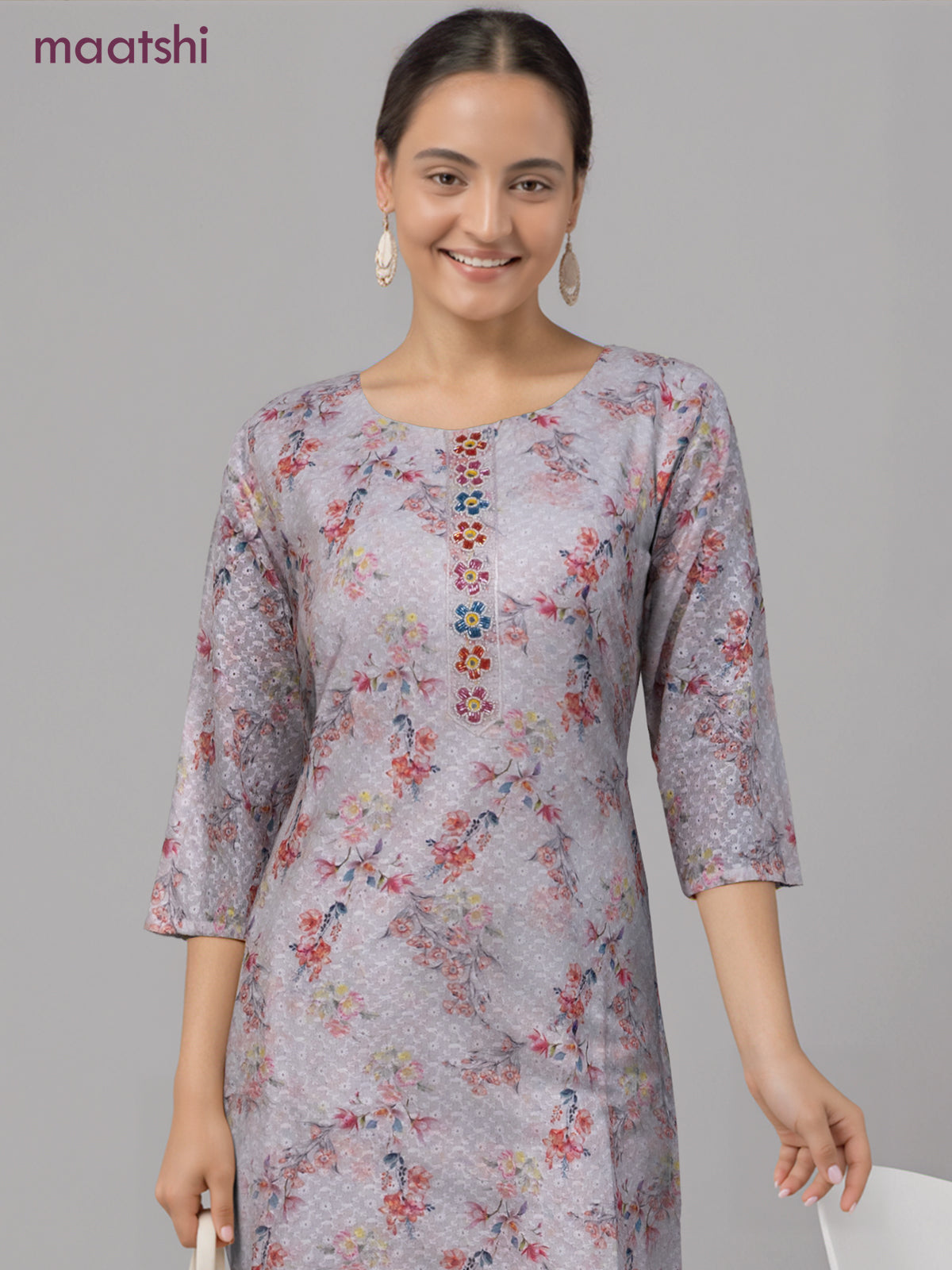 Cotton readymade kurti off white with allover floral prints & embroidery work without pant