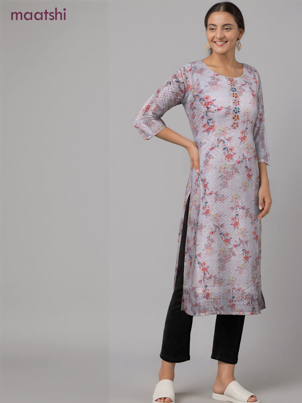 Cotton readymade kurti off white with allover floral prints & embroidery work without pant