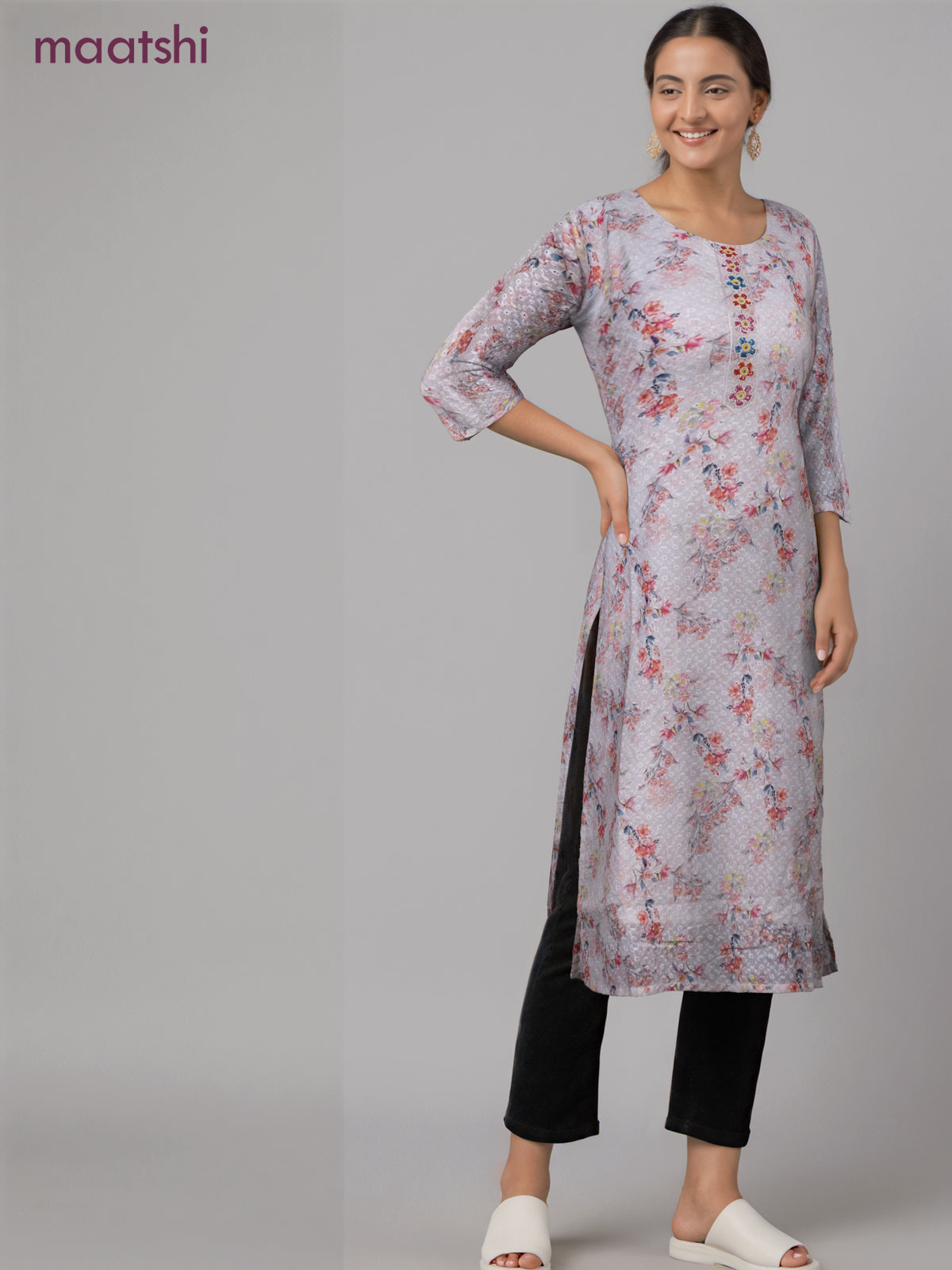 Cotton readymade kurti off white with allover floral prints & embroidery work without pant