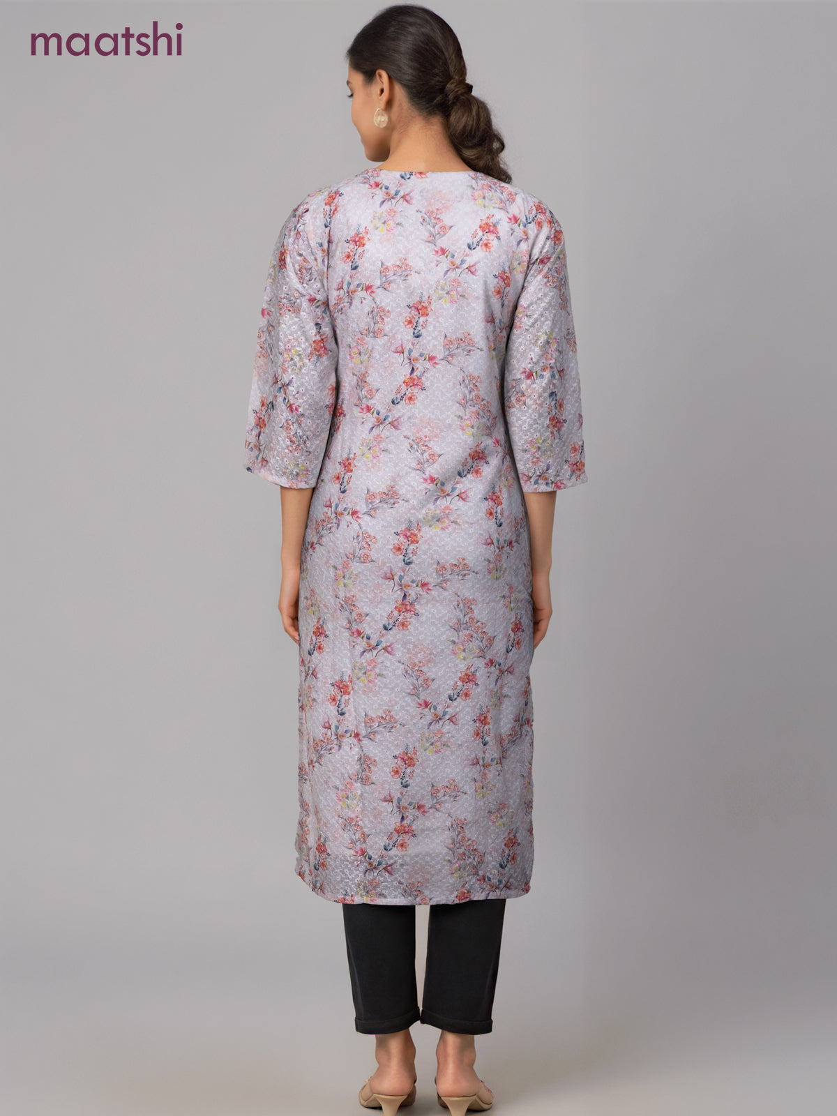Cotton readymade kurti off white with allover floral prints & embroidery work without pant