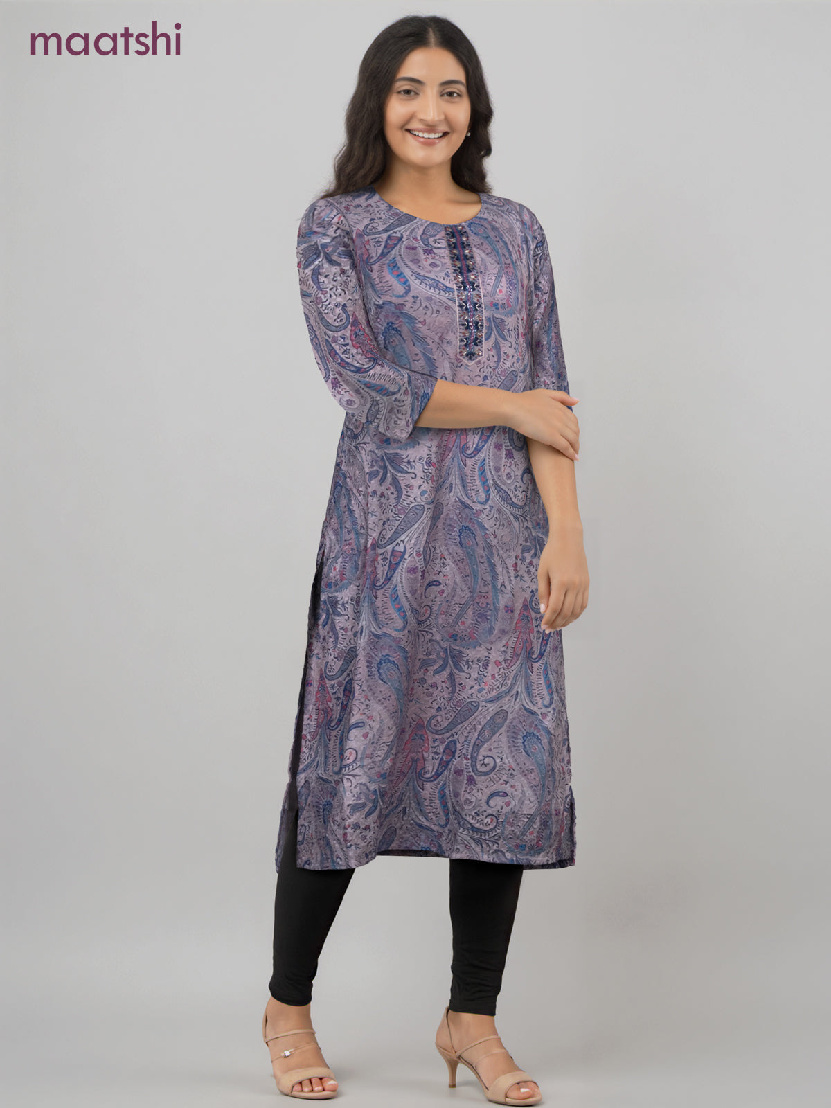 Cotton readymade kurti grey shade with allover floral prints & embroidery work without pant