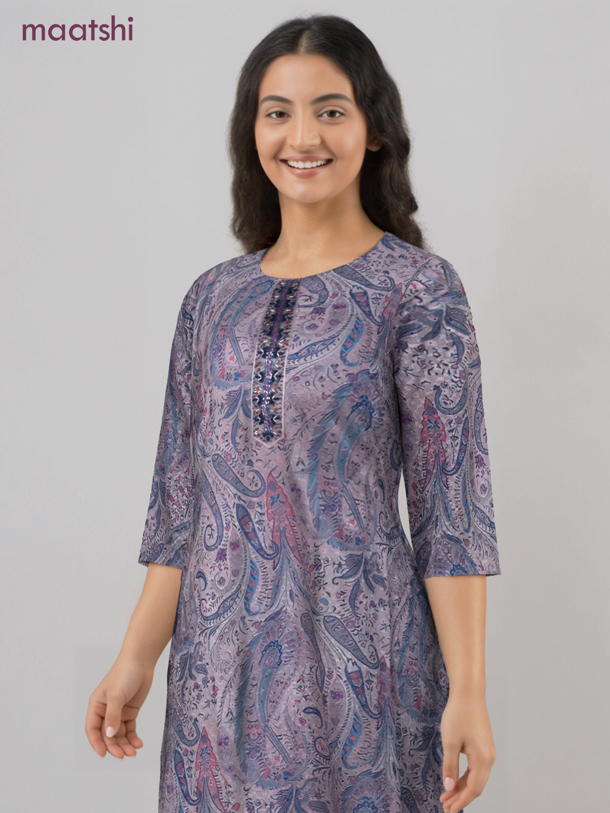Cotton readymade kurti grey shade with allover floral prints & embroidery work without pant