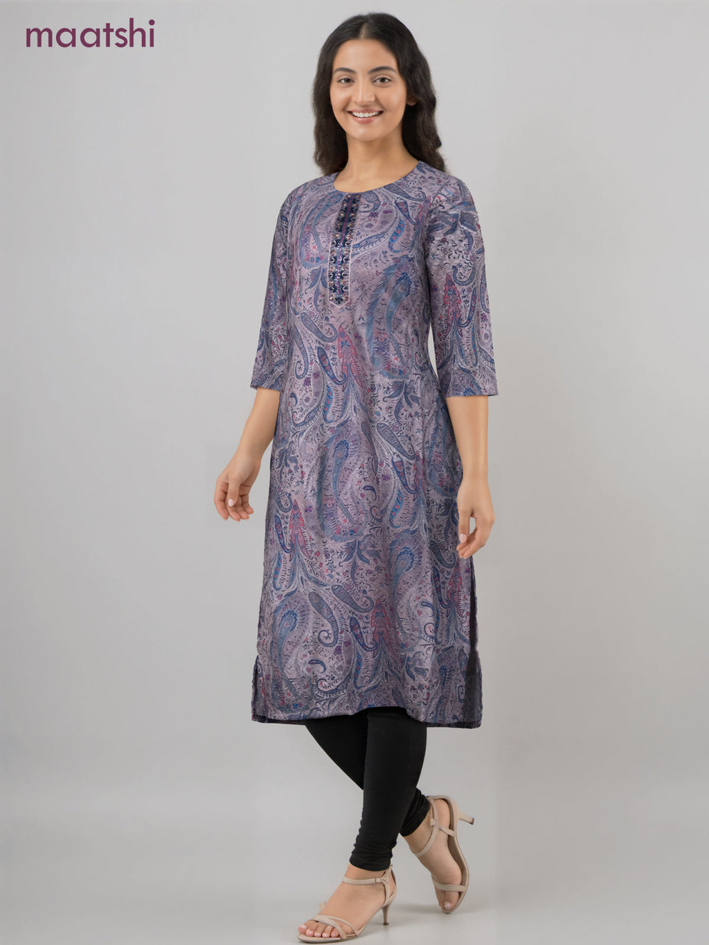Cotton readymade kurti grey shade with allover floral prints & embroidery work without pant