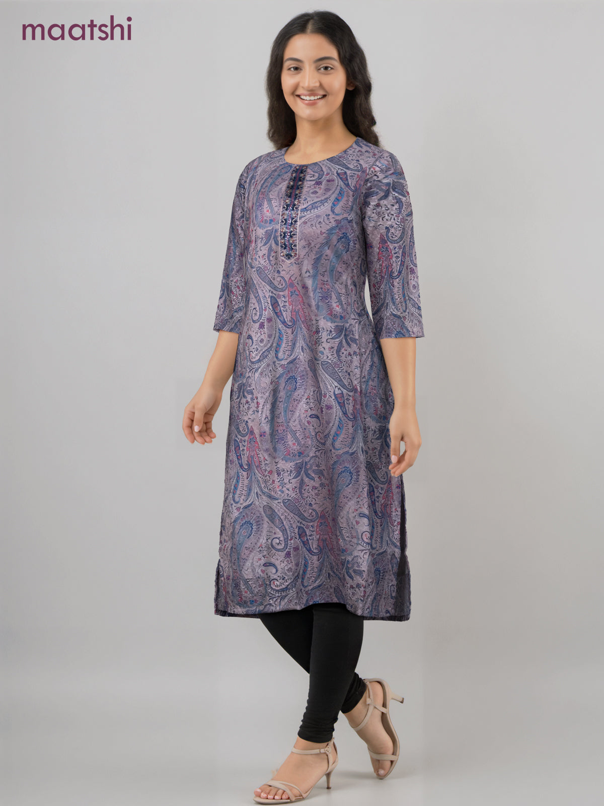 Cotton readymade kurti grey shade with allover floral prints & embroidery work without pant
