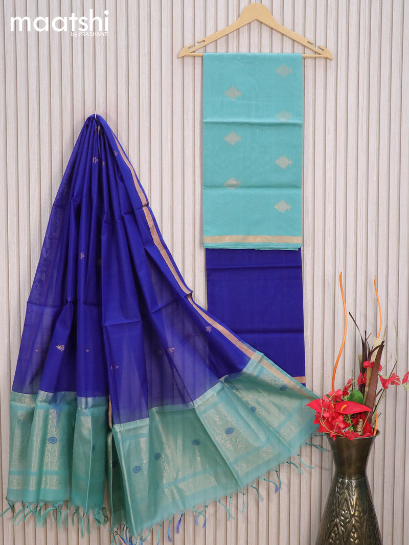 Silk cotton dress material pastel blue shade and royal blue with zari woven buttas and zari woven border