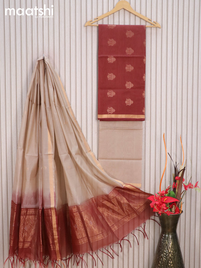 Silk cotton dress material brown and beige with zari woven buttas and zari woven border