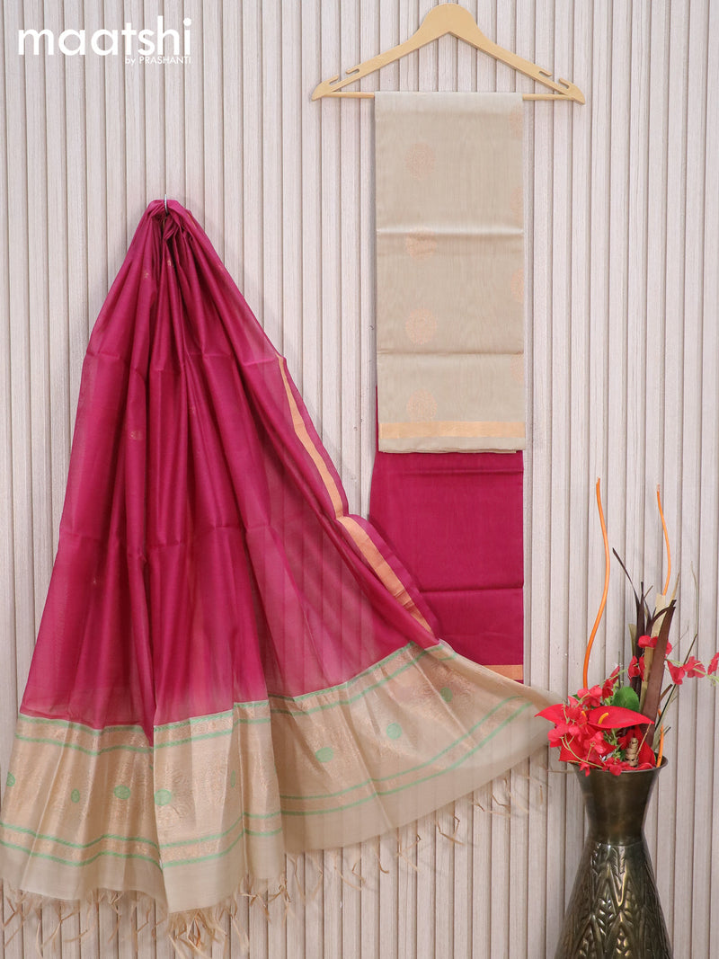 Silk cotton dress material beige and magenta pink with zari woven buttas and zari woven border