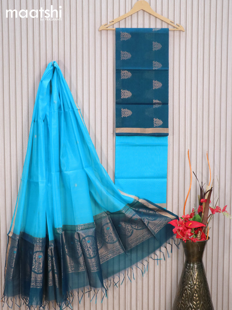 Silk cotton dress material peacock blue and light blue with zari woven buttas and zari woven border