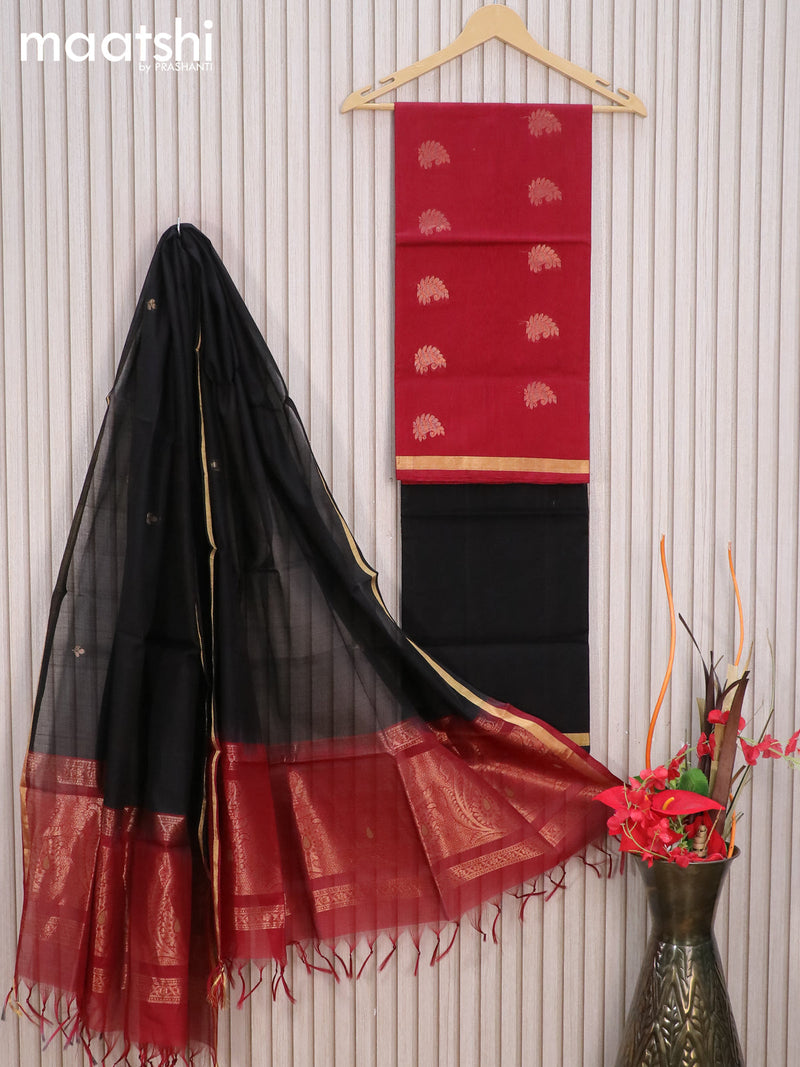 Silk cotton dress material maroon and black with paisley zari woven buttas and zari woven border
