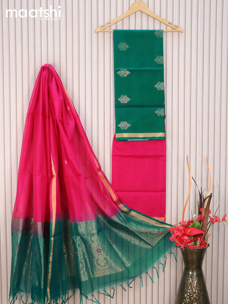 Silk cotton dress material teal green and pink with zari woven buttas and zari woven border
