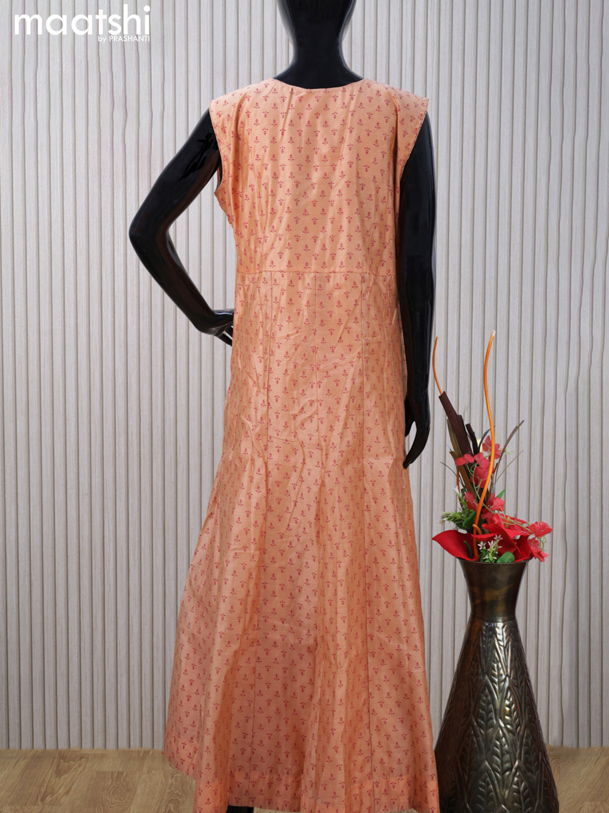 Chanderi readymade anarkali salwar suit peach orange with allover prints & embroidery sequin work neck pattern and straight cut pant & chiffon dupatta sleeve attached