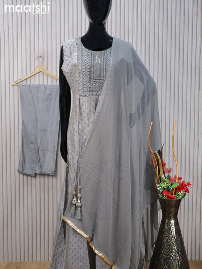 Chanderi readymade anarkali salwar suit grey with allover prints & embroidery sequin work neck pattern and straight cut pant & chiffon dupatta sleeve attached