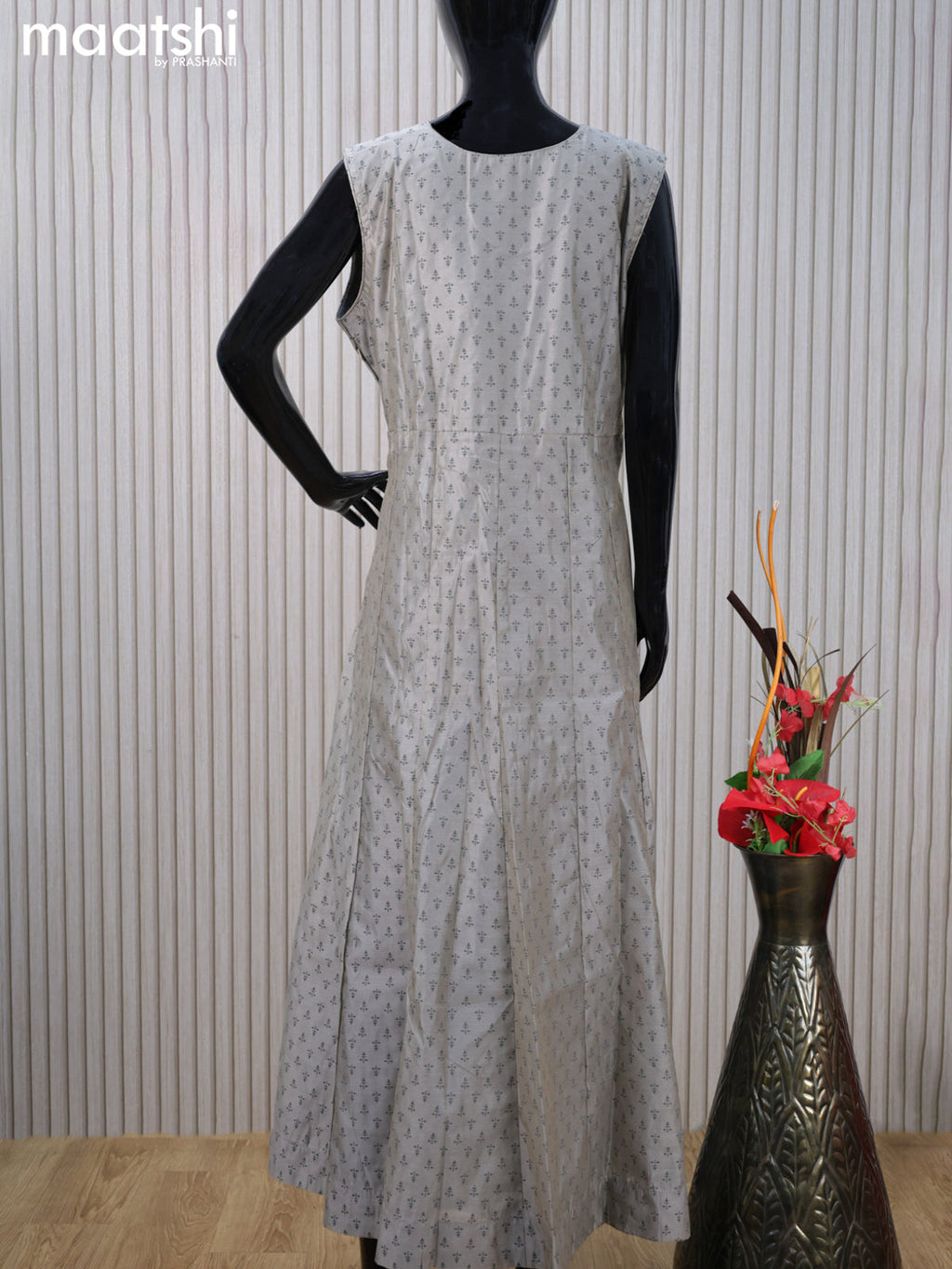 Chanderi readymade anarkali salwar suit grey with allover prints & embroidery sequin work neck pattern and straight cut pant & chiffon dupatta sleeve attached