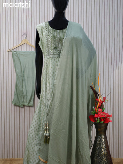 Chanderi readymade anarkali salwar suit pastel green with allover prints & embroidery sequin work neck pattern and straight cut pant & chiffon dupatta sleeve attached