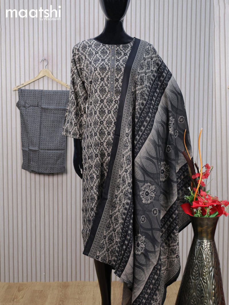 Rayon cotton readymade salwar suit grey and black with allover prints & simple neck pattern and straight cut pant & dupatta