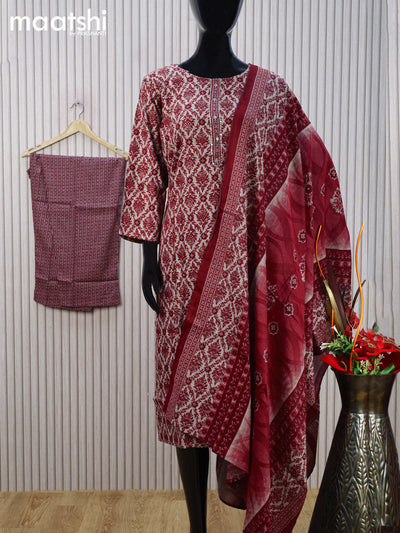 Rayon cotton readymade salwar suit grey and maroon with allover prints & simple neck pattern and straight cut pant & dupatta