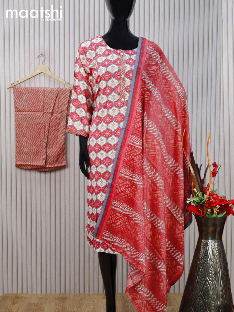 Rayon cotton readymade salwar suit reddish pink and off white with allover prints & mirror work neck pattern and straight cut pant & dupatta