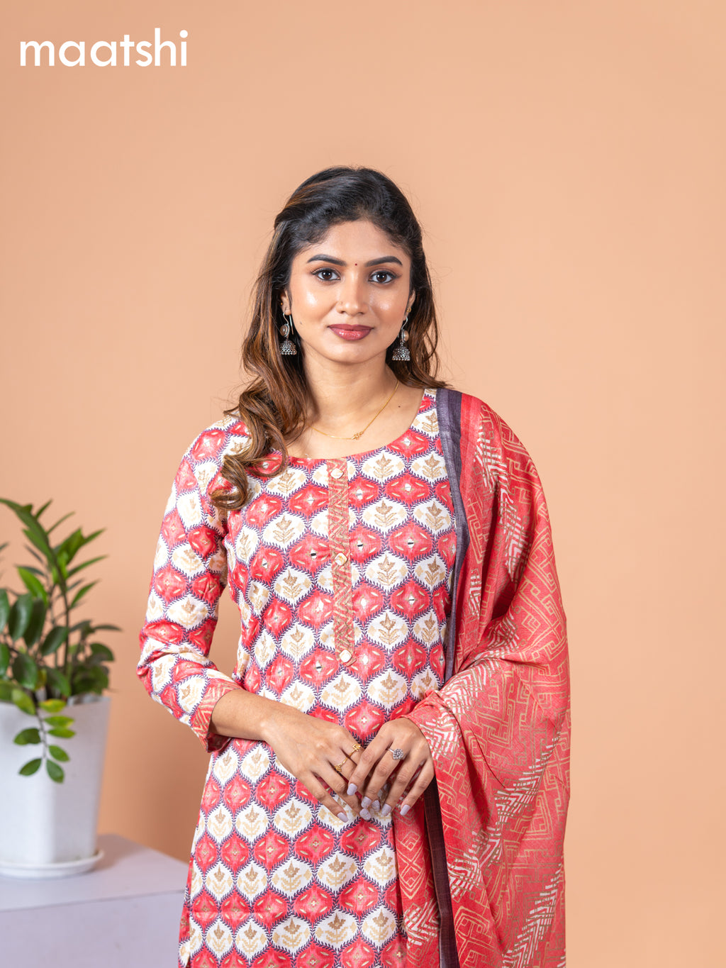 Rayon cotton salwar suit reddish pink and off white with allover prints & mirror work neck pattern and straight cut pant & dupatta