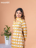 Rayon salwar suit mustard yellow and off white with allover prints & mirror work neck pattern and straight cut pant & dupatta