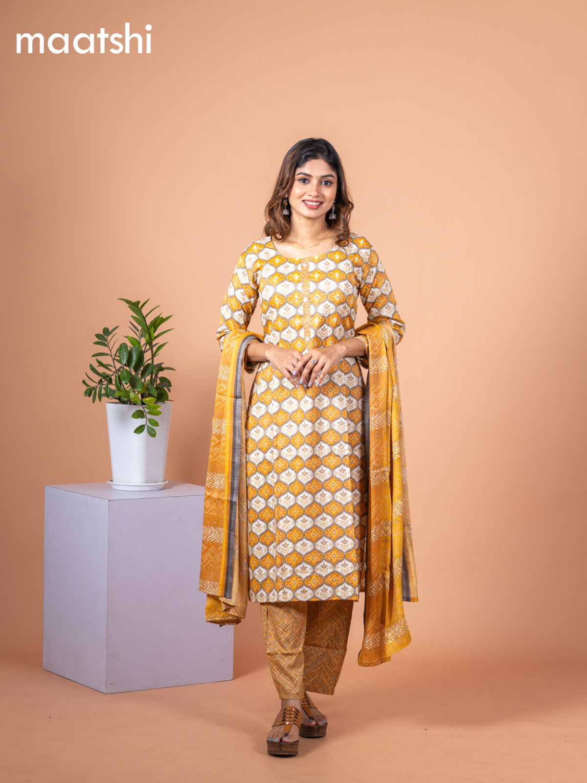 Rayon salwar suit mustard yellow and off white with allover prints & mirror work neck pattern and straight cut pant & dupatta