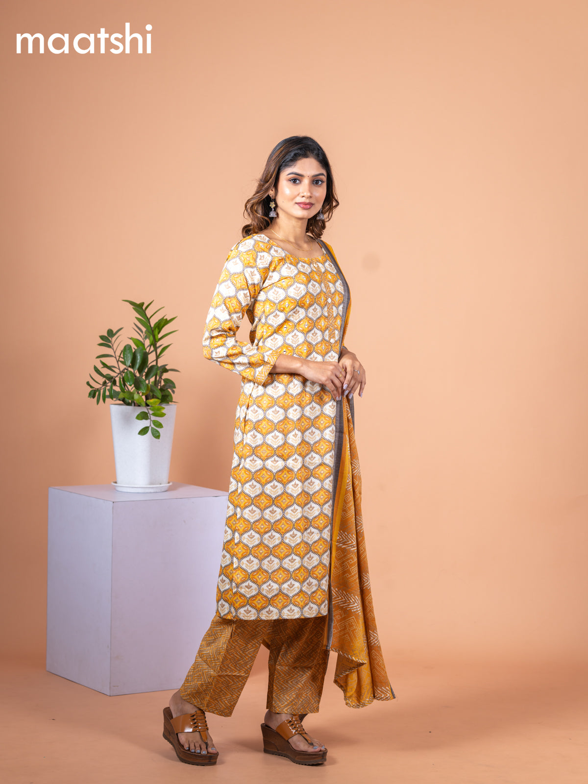 Rayon salwar suit mustard yellow and off white with allover prints & mirror work neck pattern and straight cut pant & dupatta