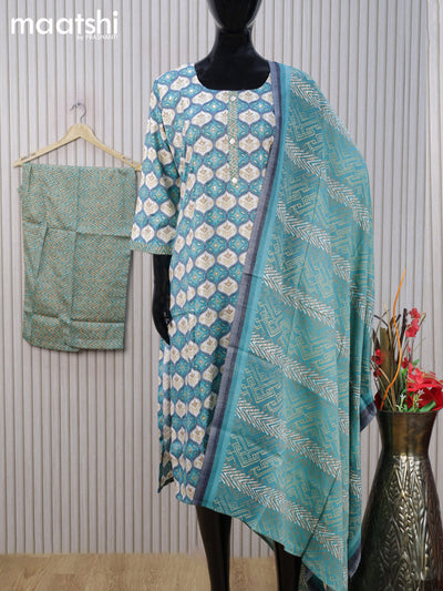 Rayon cotton readymade salwar suit teal blue and off white with allover prints & mirror work neck pattern and straight cut pant & dupatta