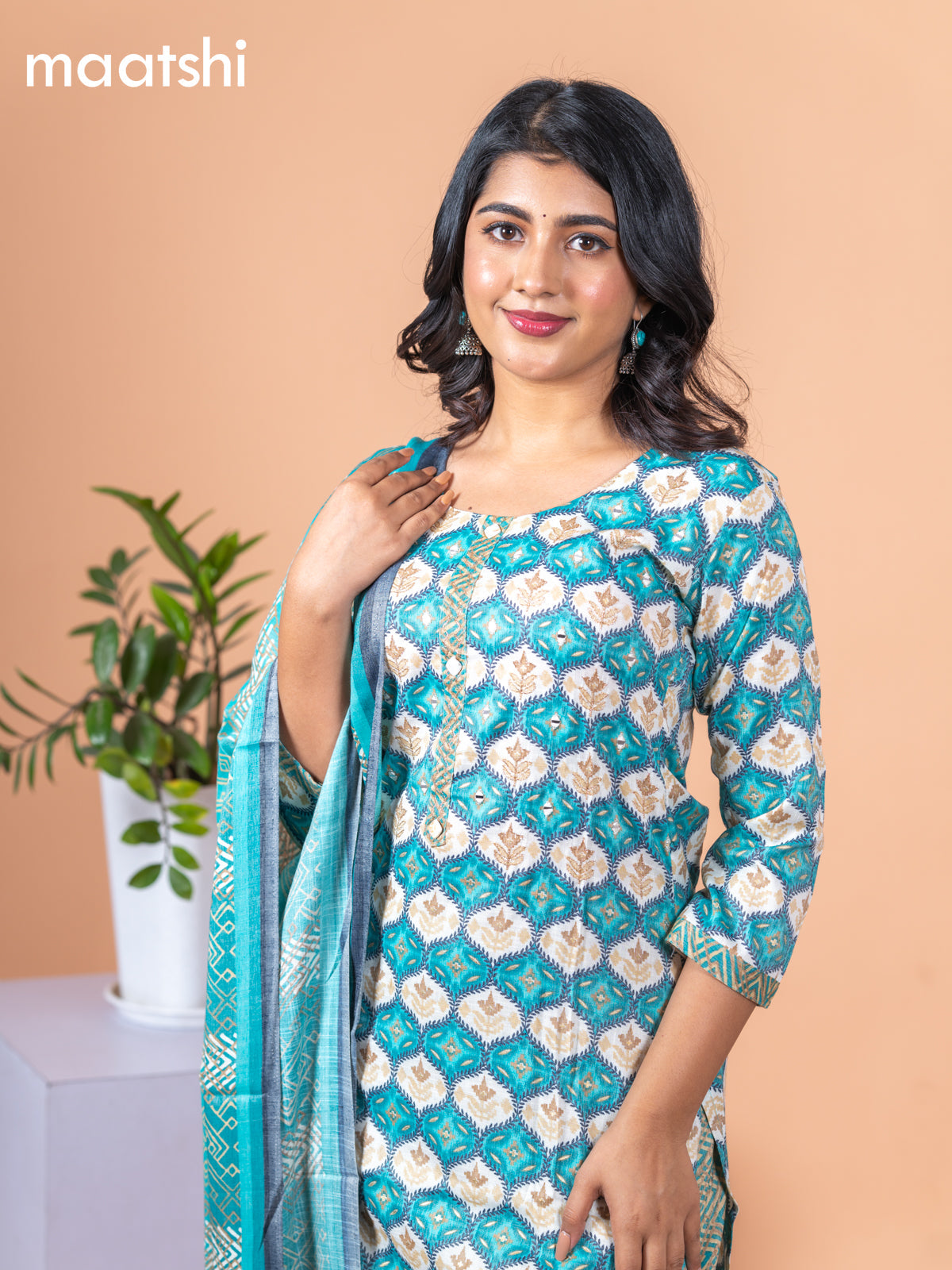 Rayon salwar suit teal blue and off white with allover prints & mirror work neck pattern and straight cut pant & dupatta